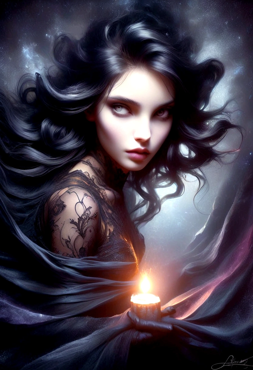 RageStyle In Casey Baugh's evocative style, a Gothic girl emerges from the depths of darkness, her essence a captivating blend of mystery and allure. With piercing eyes and flowing ebony hair, she exudes an enigmatic presence that draws viewers into her world. Baugh's brushwork infuses the painting with a unique combination of realism and abstraction, highlighting the girl's delicate features and contrasting them against a backdrop of deep, rich hues. The interplay of light and shadow adds depth and dimension to the artwork, creating a hauntingly beautiful portrayal of this Gothic muse. Baugh's distinctive style captures the essence of the girl's enigmatic nature, inviting viewers to explore the depths of her soul. Signature