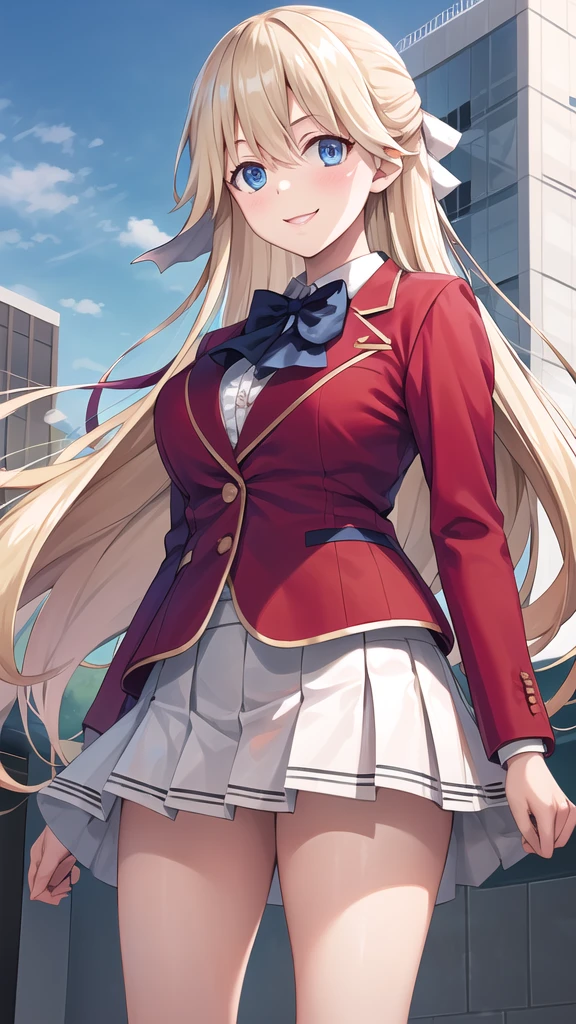 masterpiece, best quality, highres, 1girl, solo, long hair, blonde hair, hair ribbon, bangs, blue eyes, blue bowtie, collared shirt, blazer, red jacket, long sleeves, pleated skirt, white skirt, standing, cowboy shot, outdoors, smile