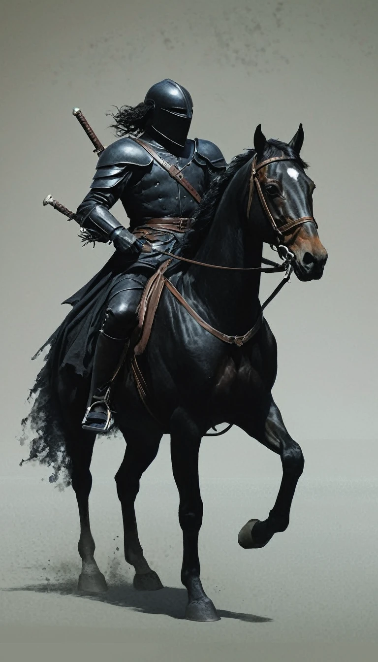 illustration of the headless horseman (Sleepy Hollow film). He is riding a black horse and holding a sword in a threatening manner. Tim Burton style movie set