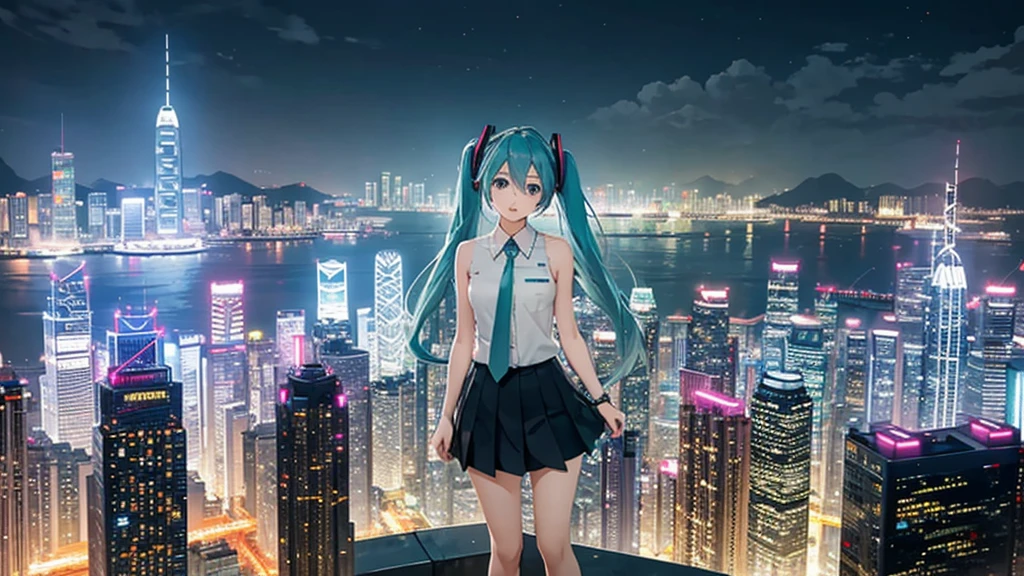 Against the backdrop of a city like Hong Kong with its skyscrapers、Depicts Hatsune Miku's journey through the labyrinth of doubt。She's fighting the shadows、Step by step towards a brighter future。A thunderous bass line rang out all around.、A scene that exudes hope and strength。