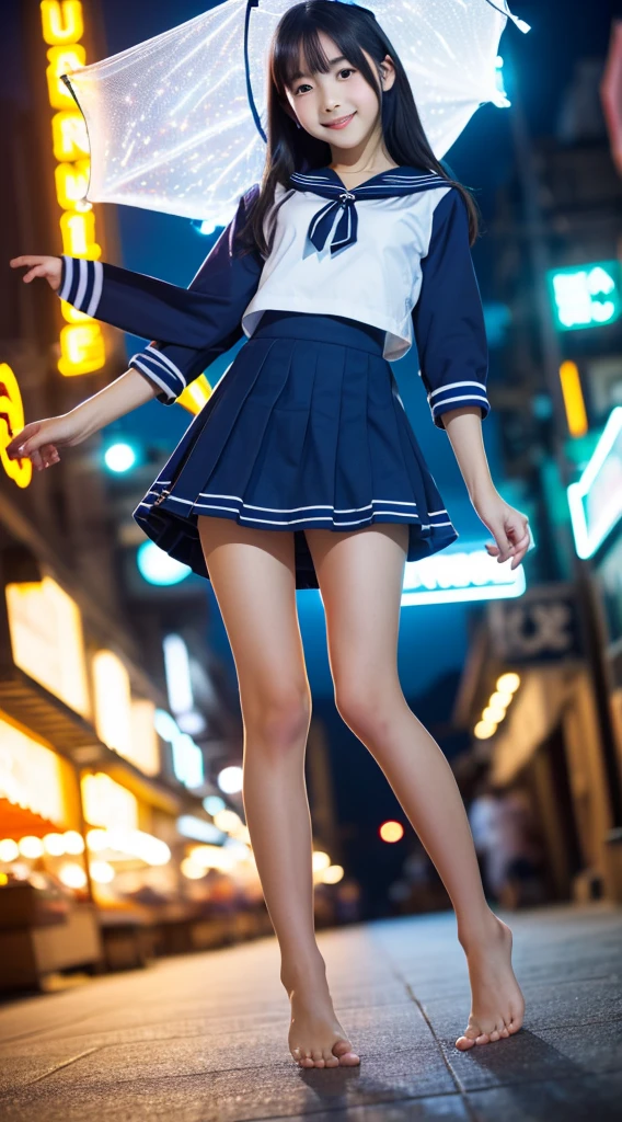 1girl,(((Frontal bust shot angle))),Wide open chest、(((A shopping street lit up by neon lights at night、City of night)))、(((Moonlight at night)))、8k UHD、Digital single-lens reflex camera、High resolution、Shallow depth of field、Natural light、(((Sailor suit)))、(((navy blue super mini skirt)))、(((Full body photography)) )、Small person、(((Young face)))、1 Japanese female、14 years old;beautiful girl、(Black Hair)、A strong wind blows up my skirt、(((Brown eyes)))、Glowing Skin、Smooth Thinning Hair、Long Hair、Detailed background、Detailed eyes and face、Clear Eyes、Cute smile、Calm atmosphere、(((stage)))、(((Small breasts)))、(((Beautiful Eyes)))、Flat chest、Children、(((Toned thighs))) 、(((Angle from below) ))、(((Fine lips)))、(((Skirt fluttering)))、Shining beautiful legs、( Skirt fluttering violently in the strong wind :1.4), (hair blowing in the strong wind:1.4), (leaning forward)、(((barefoot、barefoot)))