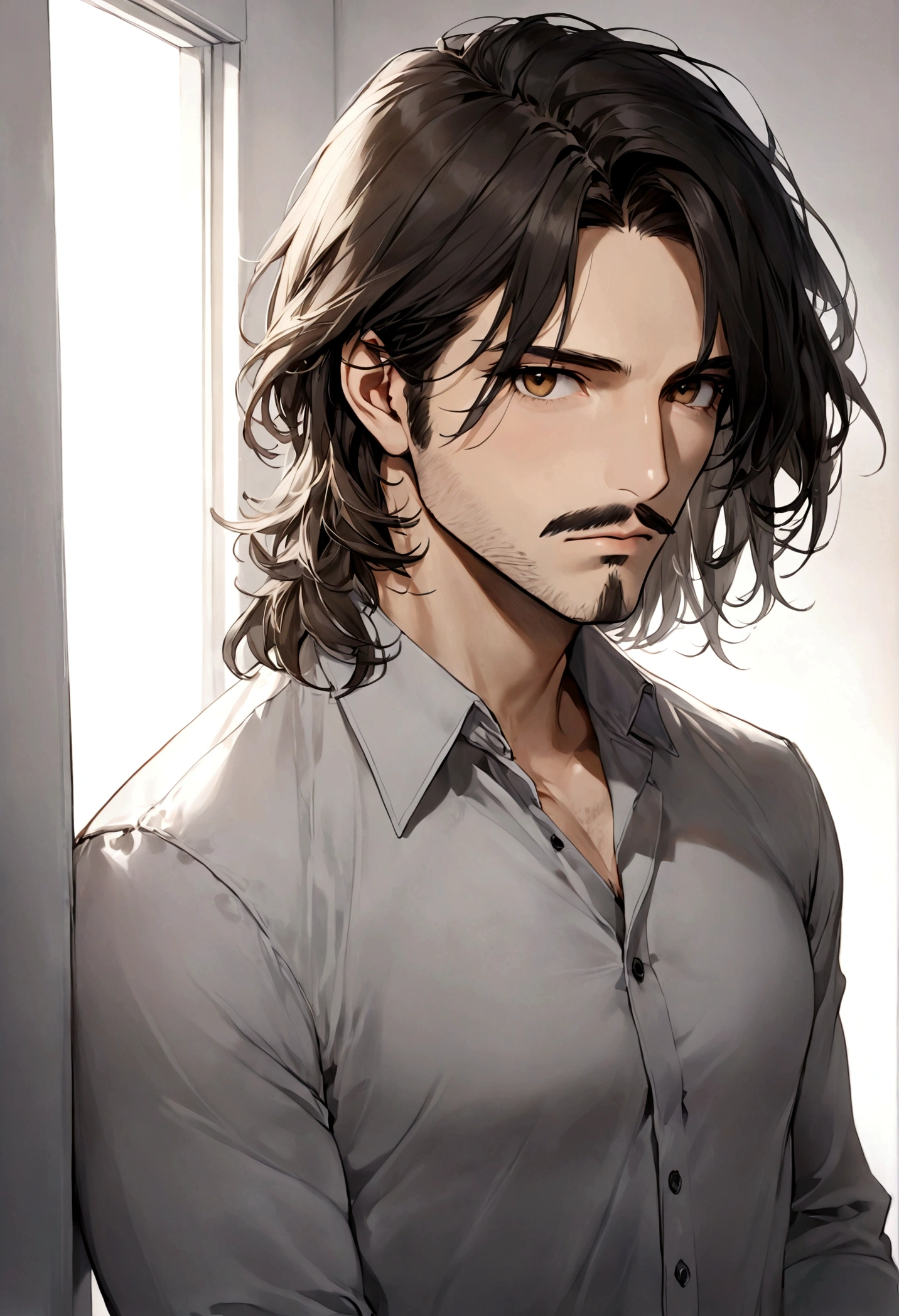 (camisa negra elegante para hombre), ), ((bigote estilo Van Dyke y (barba de chivo) "Van Dyke", Van Dyke beard)), (light brown eyes), Aspecto atractivo y serio, ((cabello muy largo oscuro, messy hair)), Elegante y con estilo, camisa de vestir color negro, Un hombre similar al actor Jim Morrison con el cabello largo, ((cabello muy largo)), (Imagen realista y de alta calidad), Apartamento escandinavo en el fondo simple de un cuarto, ((La mejor calidad, 8K, obra maestra).((pose dinamica con mirada al frente, viendo al espectador)), (cabello largo pasando los hombros)