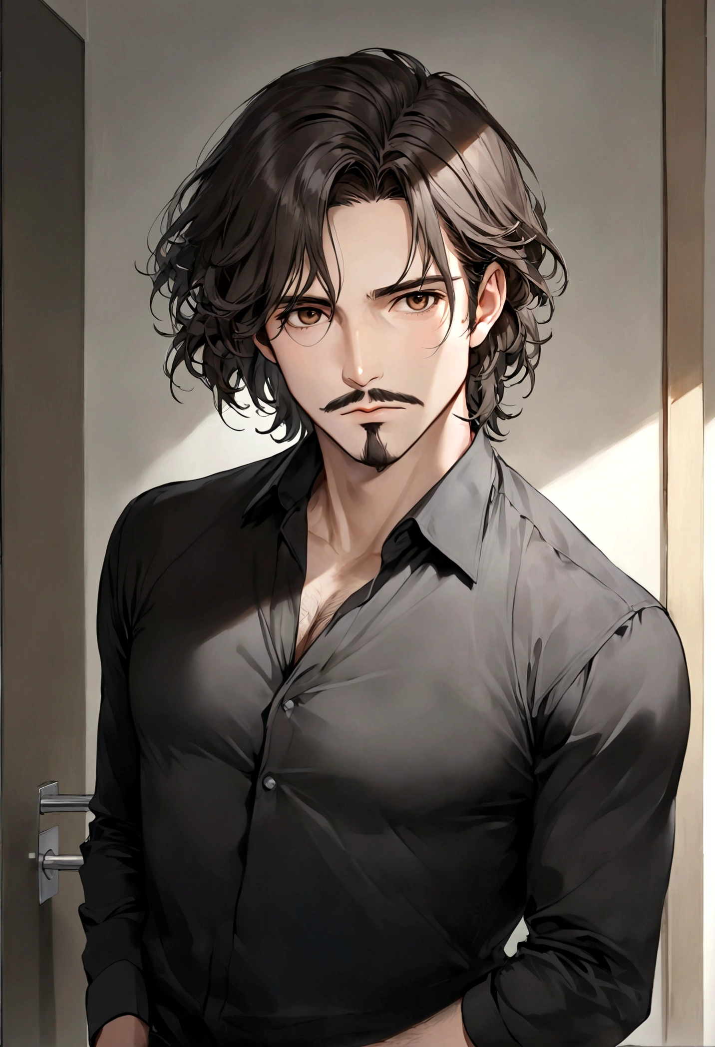 (camisa negra elegante para hombre), ), ((bigote estilo Van Dyke y (barba de chivo) "Van Dyke", Van Dyke beard)), (light brown eyes), Aspecto atractivo y serio, ((cabello muy largo oscuro, messy hair)), Elegante y con estilo, camisa de vestir color negro, Un hombre similar al actor Jim Morrison con el cabello largo, ((cabello muy largo)), (Imagen realista y de alta calidad), Apartamento escandinavo en el fondo simple de un cuarto, ((La mejor calidad, 8K, obra maestra).((pose dinamica con mirada al frente, viendo al espectador)), (cabello largo pasando los hombros)