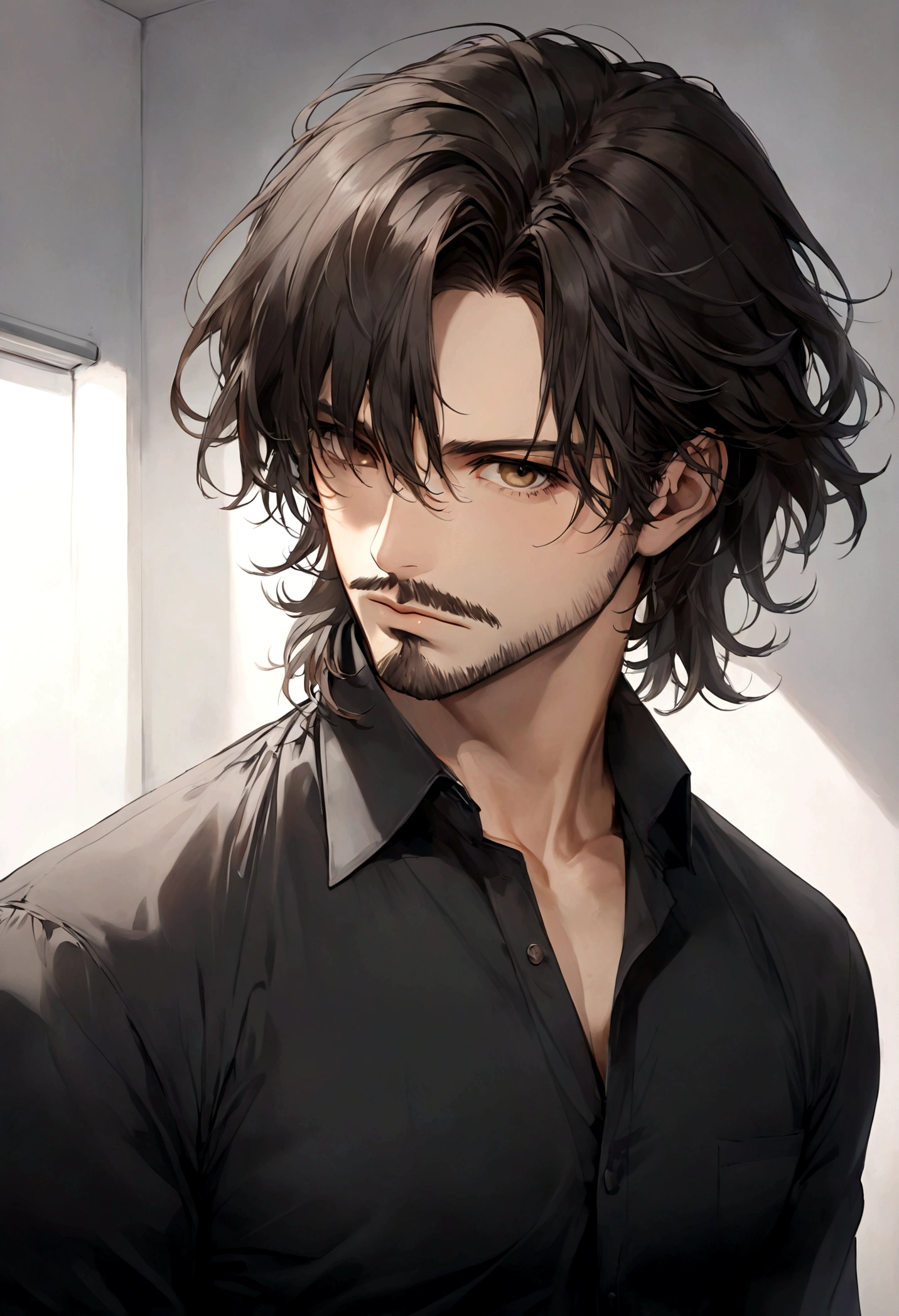 (camisa negra elegante para hombre), ), ((bigote estilo Van Dyke y (barba de chivo) "Van Dyke", Van Dyke beard)), (light brown eyes), Aspecto atractivo y serio, ((cabello muy largo oscuro, messy hair)), Elegante y con estilo, camisa de vestir color negro, Un hombre similar al actor Jim Morrison con el cabello largo, ((cabello muy largo)), (Imagen realista y de alta calidad), Apartamento escandinavo en el fondo simple de un cuarto, ((La mejor calidad, 8K, obra maestra).((pose dinamica con mirada al frente, viendo al espectador)), (cabello largo pasando los hombros)