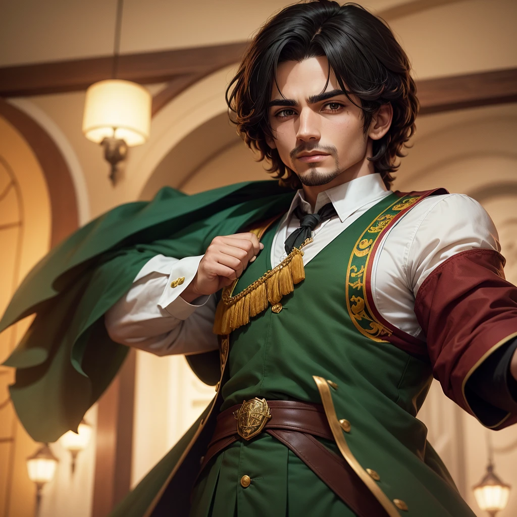 chico de cabello medianamente largo y color negro, con ojos verdes portando un uniforme de Gryffindor