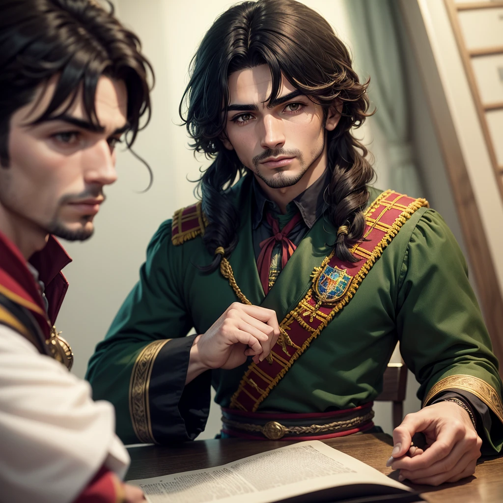 chico de cabello medianamente largo y color negro, con ojos verdes portando un uniforme de Gryffindor