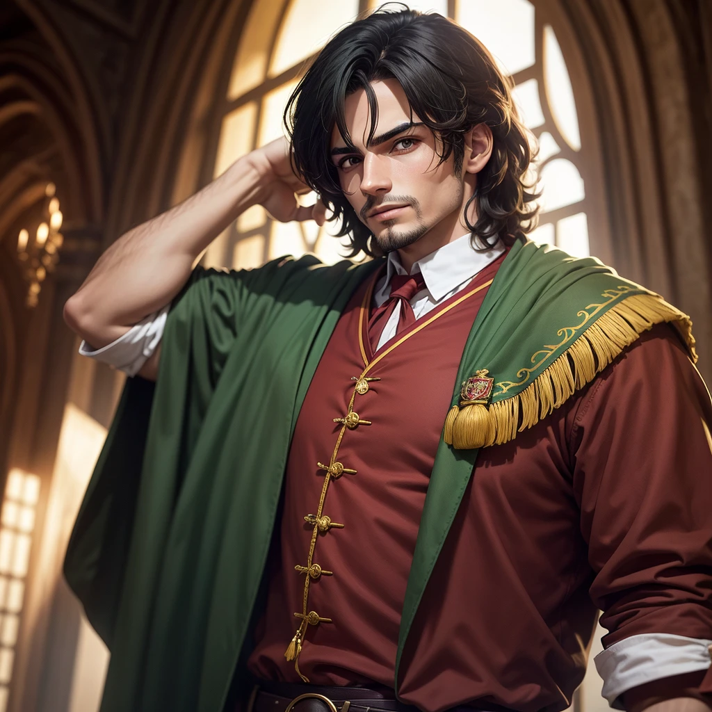 chico de cabello medianamente largo y color negro, con ojos verdes portando un uniforme de Gryffindor