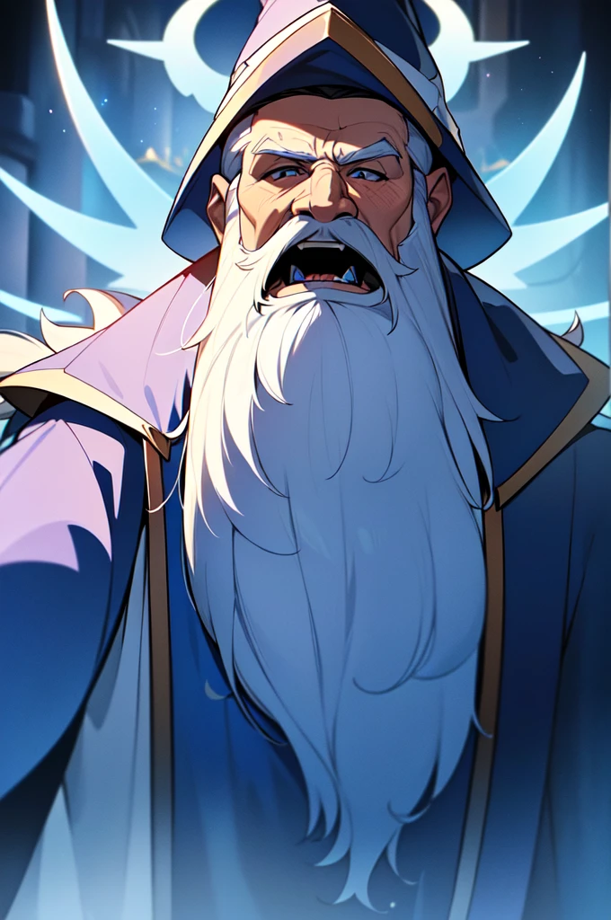 a wizard with a long white beard, wearing a blue robe, looking astonished , open mouth , baffled , surprised (best quality,4k,8k,highres,masterpiece:1.2),ultra-detailed,(realistic,digital art,photo-realistic:1.37) 
