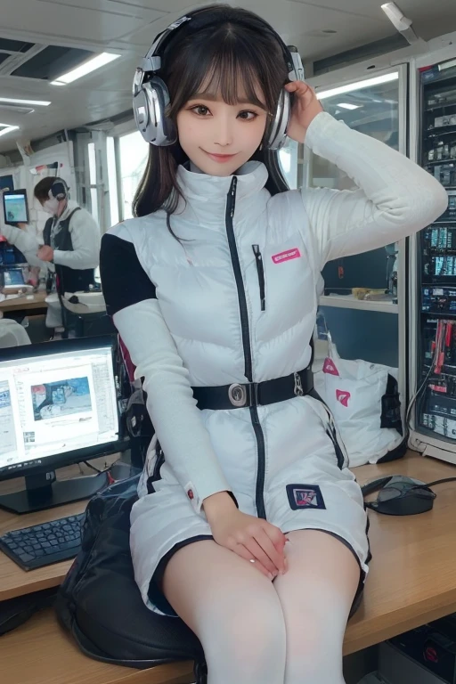 masterpiece, highest quality, Very detailed, 8K Portrait,Japanese Android Girl,plump , Control panel,Robotic arms and legs, Blunt bangs,,break (Metallic Gray, Metallic luster, Mirror finish, Astro Best):5,headphone:5,break (Black sleeves):100,Smart Watches,Futuristic space station,Control Room,break headphone,blue eyes,(Black Hair):2,(Long Hair):1.3,Displaying the viewer,(respirator),break blush:3,Hidden Hand,smile
