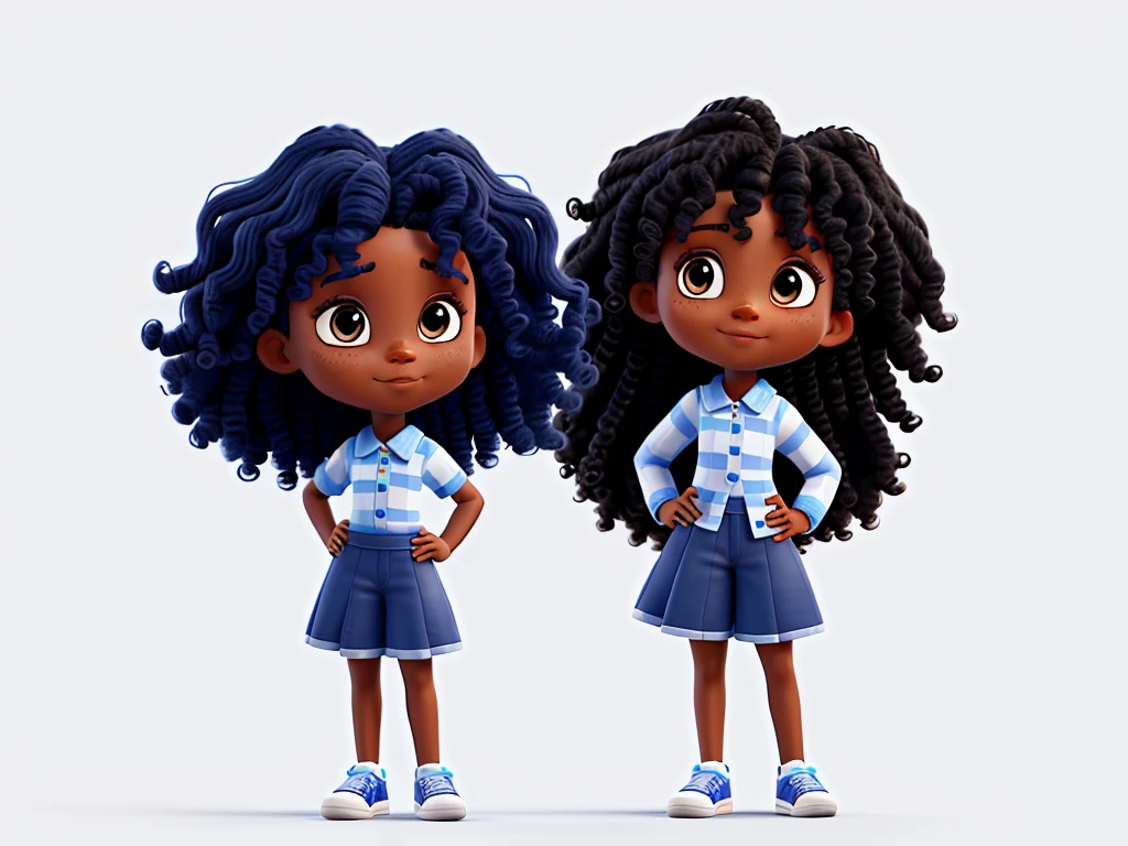create a dark-skinned girl with curly hair waving her hand, children's model, pixel style, blue and white colors, very detailed