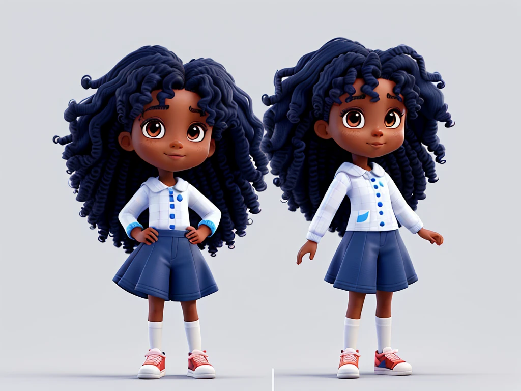 create a dark-skinned girl with curly hair waving her hand, children's model, pixel style, blue and white colors, very detailed