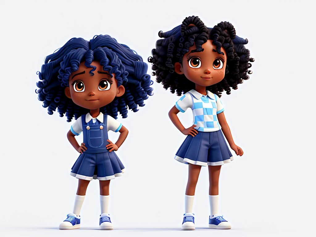 create a dark-skinned girl with curly hair waving her hand, children's model, pixel style, blue and white colors, very detailed