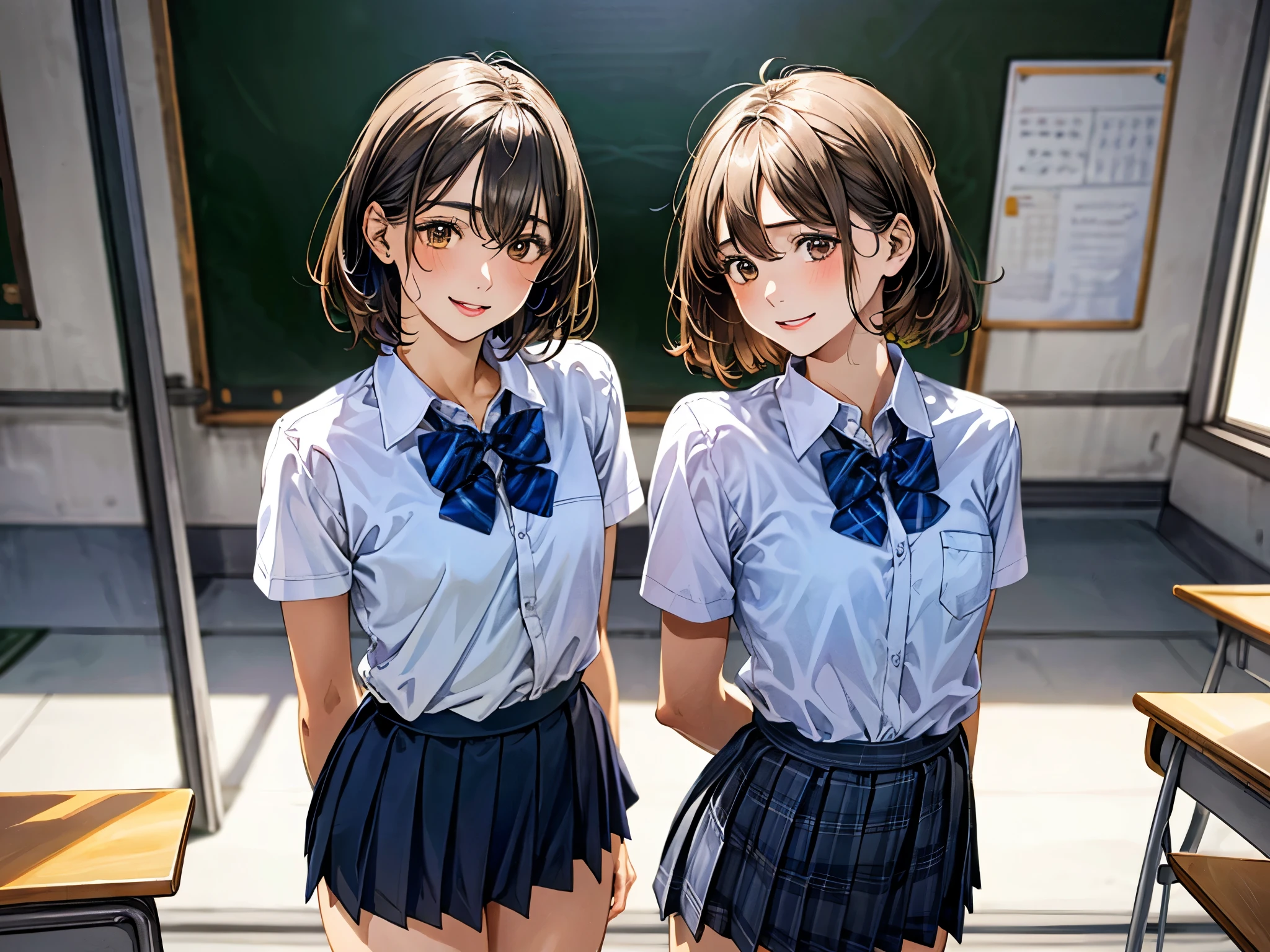 (masterpiece:1.3, top-quality, ultra high res, ultra detailed), (realistic, photorealistic:1.4), beautiful illustration, perfect lighting, natural lighting, colorful, depth of fields, ,
beautiful detailed hair, beautiful detailed face, beautiful detailed eyes, beautiful clavicle, beautiful body, beautiful chest, beautiful thigh, beautiful legs, beautiful fingers, shiny skin, 
looking at viewer, 2 girl, twin sisters, junior high school girl, 12 years old, (perfect anatomy, anatomically correct, super detailed skin), cute and symmetrical face, babyface, perfect face, perfect eyes, (tiny), 
(short hair, curvy hair, yellow ocher hair), swept bangs, hair between eyes, brown eyes, drooping eyes, big eyes, long eye lasher, (small breasts, thin thighs), skin dendation, 
detailed cloth texture, break, (light green collared shirt), break, (cobalt blue pleated skirt), break, ({pink heart |yrllow moon} hairpin), break, blue plaid bow tie, break, 
(beautiful scenery), day time, (classroom:1.1, blackboard, lecture desk), standing, (lovely smile, upper eyes, open mouth small), 