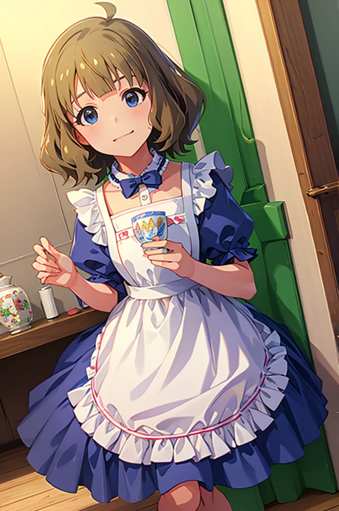 momoko suou (million live), 1 girl, Solo, 11 years old, Lori, , Cute Girl,Best Quality, Ultra-detailed, 8K, High resolution, Alice in Wonderland, Twin tail, sky blue dress, frilled dress, white apron, frilled apron, garden, tea time,