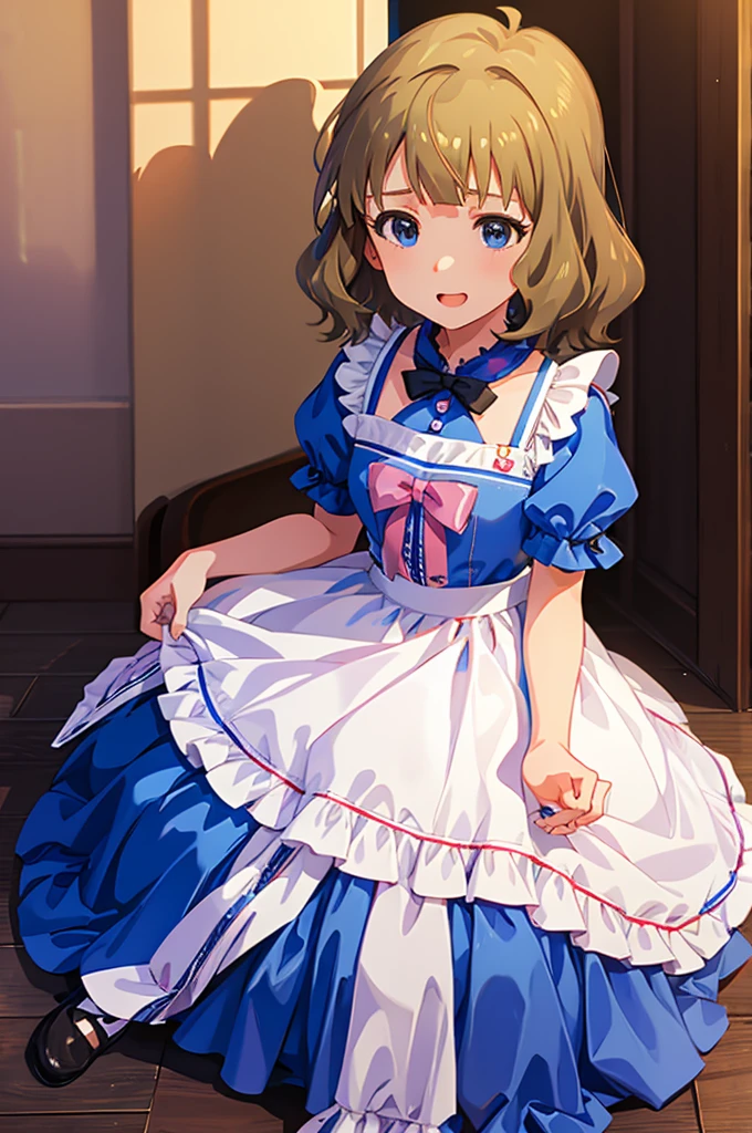 momoko suou (million live), 1 girl, Solo, 11 years old, Lori, , Cute Girl,Best Quality, Ultra-detailed, 8K, High resolution, Alice in Wonderland, Twin tail, sky blue dress, frilled dress, white apron, frilled apron, garden, tea time,