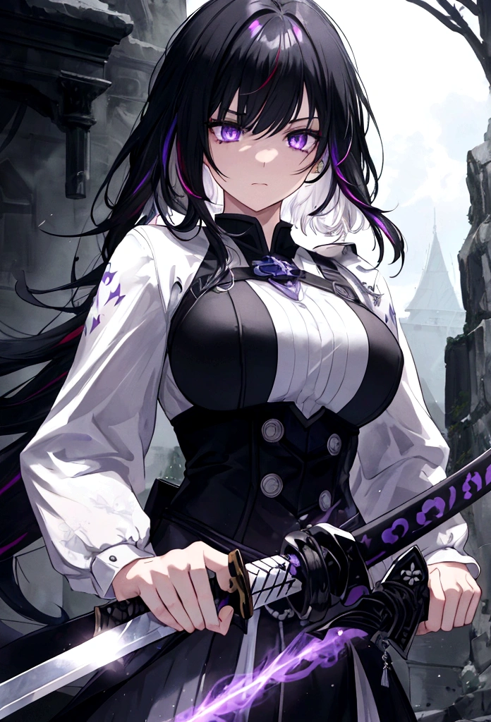 a woman with black hair and white streaks with sad expression holding a large purple sword, detailed eyes, detailed sword, cinematic lightning
