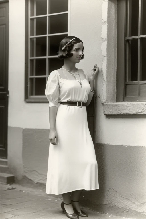Tetouan, 1936. Full body portrait of a young ((((25 Jahre alt)) Sira Quiroga)), Nice, schlank, in einer Schneiderwerkstatt, ein Kleid an einer Schaufensterpuppe befestigen, ((((modische Kleidung aus den 1930er Jahren)))), ((Frisur der 1930er Jahre)), (bunt)