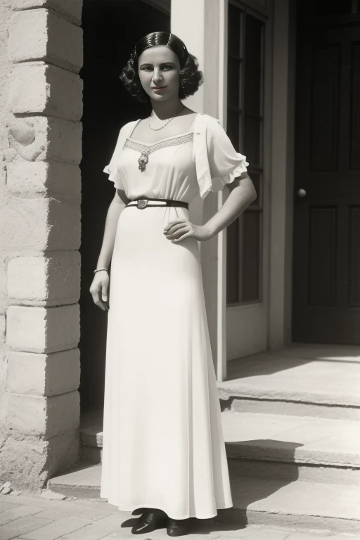 Tetouan, 1936. Full body portrait of a young ((((25 Jahre alt)) Sira Quiroga)), Nice, schlank, in einer Schneiderwerkstatt, ein Kleid an einer Schaufensterpuppe befestigen, ((((modische Kleidung aus den 1930er Jahren)))), ((Frisur der 1930er Jahre)), (bunt)