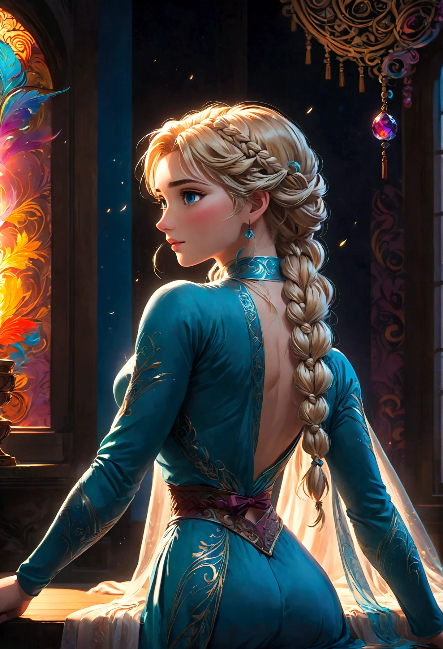 1girl, elsa, braided hair, (Back View:1.4), indoor, by the window, anime screenshot, source_anime, dramatic composition, cinematic dynamic action scene, vibrant colors, cinematic lighting, dramatic lighting, best quality, masterpiece, very aesthetic, perfect composition, intricate details, ultra-detailed