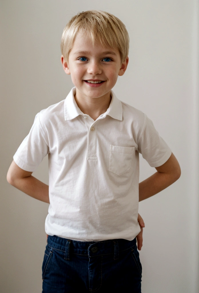 A young boy with a friendly and approachable demeanor. He has short, light blonde hair and bright blue eyes that radiate kindness and confidence. His features are gentle yet strong, with a warm smile that suggests a compassionate nature. He's dressed in a casual, practical outfit suitable for a magic school, including a light-colored shirt and dark pants, with subtle magical symbols woven into the fabric. His posture is relaxed yet ready, exuding a sense of inner strength and heroism. The background sho