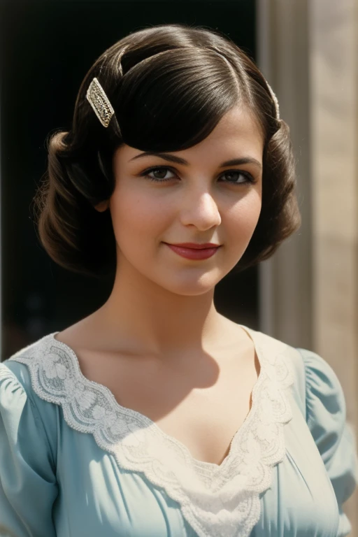 Tetouan, 1936. Close-up portrait of a young ((((25 Jahre alt)) Sira Quiroga)), Nice, schlank, in einer Schneiderwerkstatt, ein Kleid an einer Schaufensterpuppe befestigen, ((((modische Kleidung aus den 1930er Jahren)))), ((Frisur der 1930er Jahre)), (bunt)