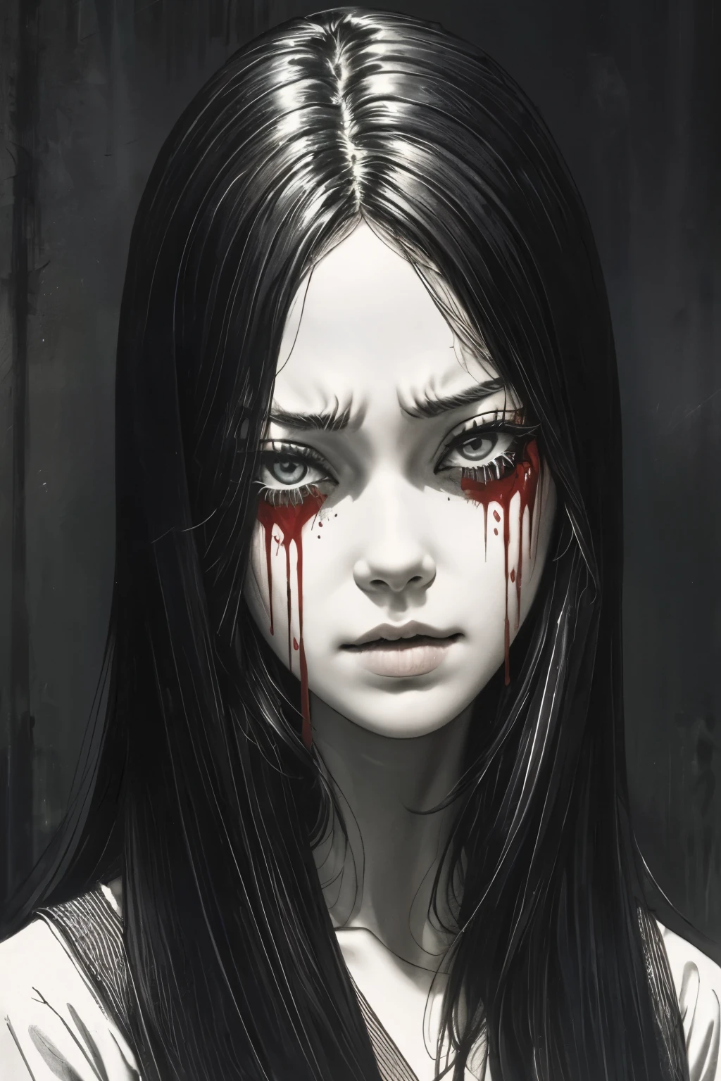 4k,8k,masterpiece,best quality,illustration,monochrome,black and white,horror,face focus,woman,blood dripping from eyes,