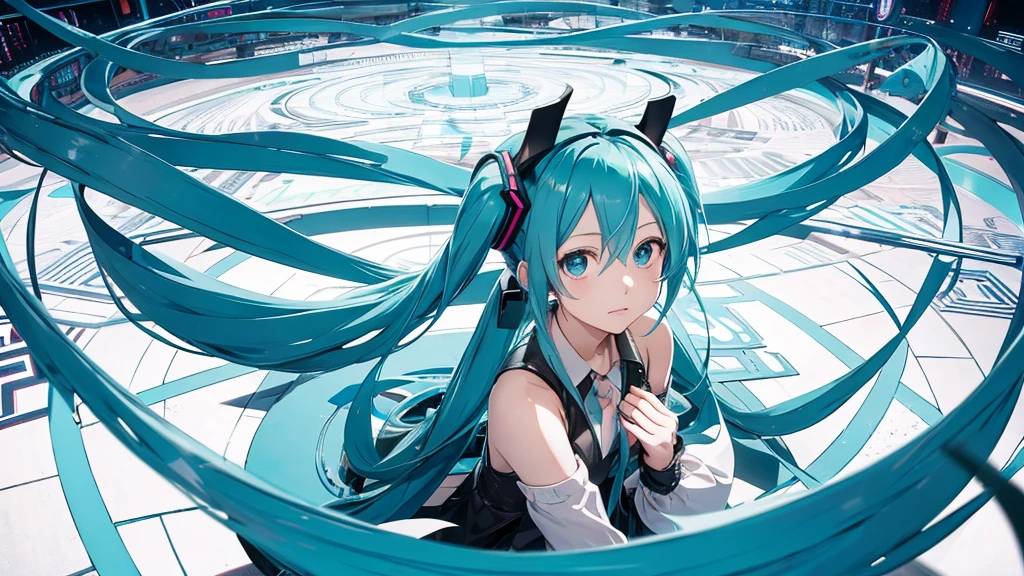 An image depicting Hatsune Miku traveling through the labyrinth of doubt。She's fighting the shadows、Moving towards hope for the future。With a thunderous bass line in the background、There is a bright light that represents hope.、It expresses a powerful figure that paves the way to the future.。