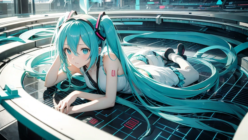 An image depicting Hatsune Miku traveling through the labyrinth of doubt。She&#39;s fighting the shadows、Moving towards hope for the future。With a thunderous bass line in the background、There is a bright light that represents hope.、It expresses a powerful figure that paves the way to the future.。