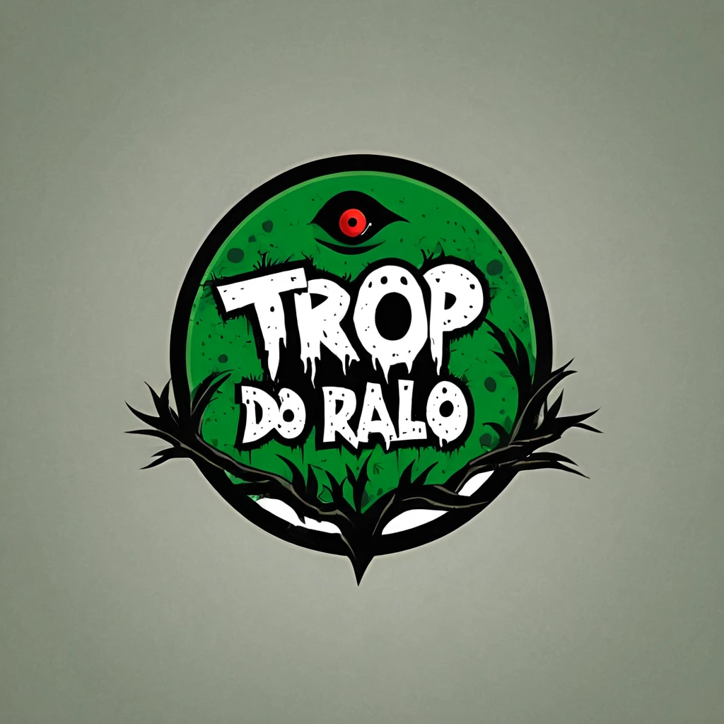 logomkrdsxl,um logotipo ousado de um ralo , Vetor, text "Trop do Ralo", melhor qualidade, Obra de arte, Horror, Marca, fundo escuro, pele verde, Olhos vermelhos brilhantes,