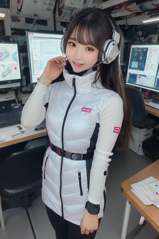 masterpiece, highest quality, Very detailed, 8K Portrait,Japanese Android Girl,plump , Control panel,Robotic arms and legs, Blunt bangs,,break (Metallic Gray, Metallic luster, Mirror finish, Astro Best):5,headphone:5,break (Black sleeves):100,Smart Watches,Futuristic space station,Control Room,break headphone,blue eyes,(Black Hair):2,(Long Hair):1.3,Displaying the viewer,(respirator),break blush:3,Hidden Hand,smile