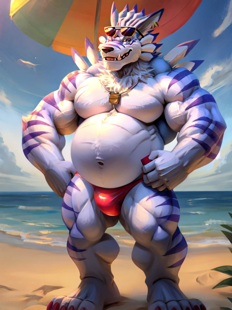 solo, weregarurumon, muscular, muscle gut, round belly, belly the size of a balloon, sunglasses on head, shirtless, speedo, holding soda, beach