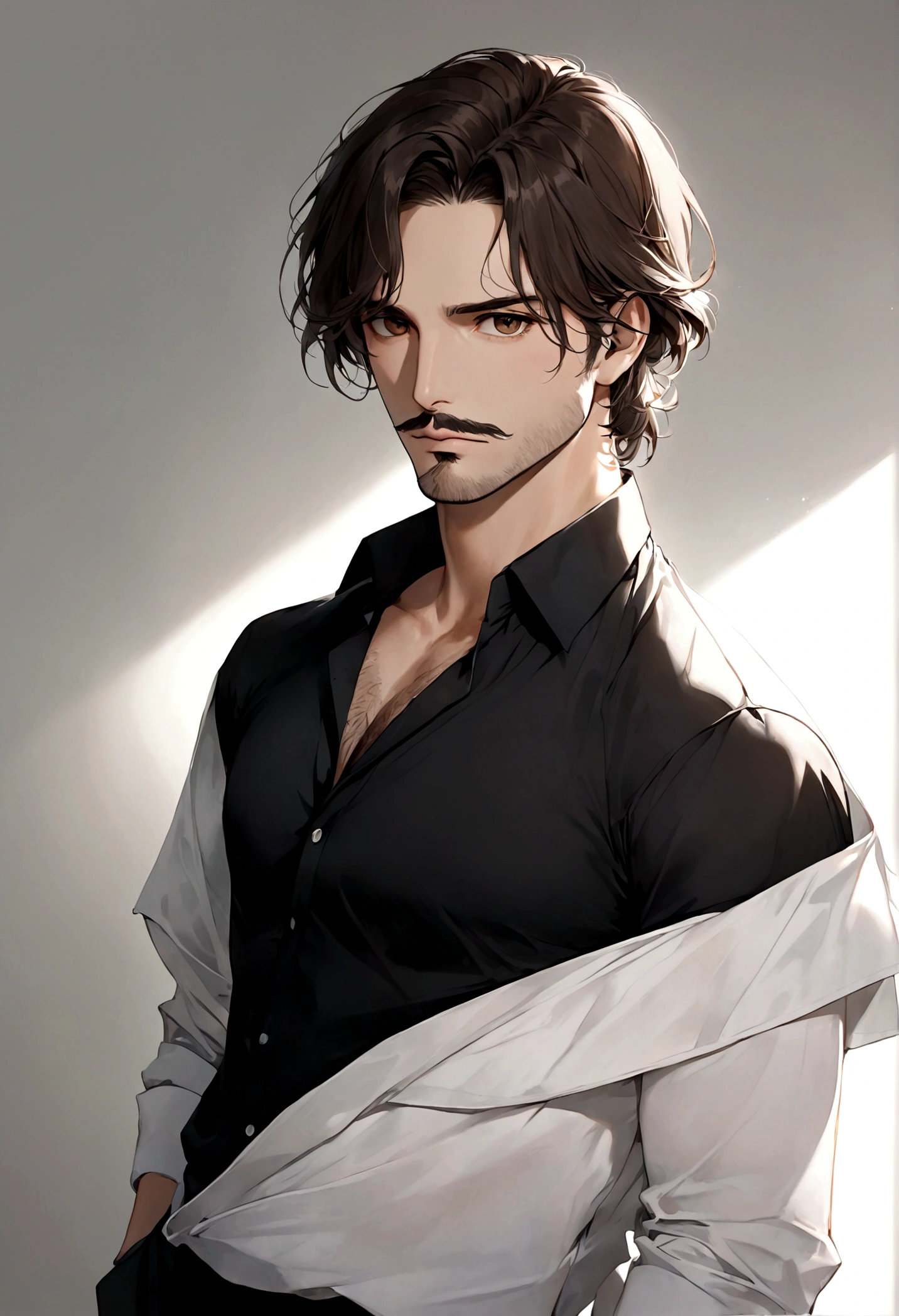 (camisa negra elegante para hombre), ), ((bigote estilo Van Dyke y (barba de chivo) "Van Dyke", Van Dyke beard)), (light brown eyes), Aspecto atractivo y serio, ((cabello muy largo oscuro, messy hair)), Elegante y con estilo, camisa de vestir color negro, Un hombre similar al actor Jim Morrison con el cabello largo, ((cabello muy largo)), (Imagen realista y de alta calidad), Apartamento escandinavo en el fondo simple de un cuarto, ((La mejor calidad, 8K, obra maestra).((pose dinamica con mirada al frente, viendo al espectador)), (cabello largo pasando los hombros)