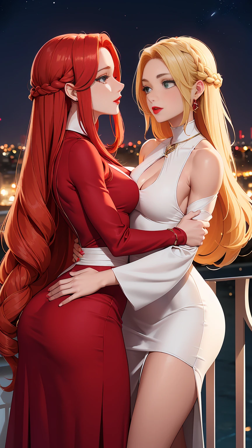 Two beautiful women with long braided red hair and mid wavy blond hair, respectivetly, with green eyes wearing a Short Mock Neck Cut Out Dress, Sexy Criss Cross Mock Neck ((Mid Sleeves)) Dress, ((luxurious jewelry)), standing in a balcony at night, hugging closely and kissing each other (white skin), (red lipstick), (elegant mascara), (muscular body with abs), (small breasts) midjourney, <lora:GoodHands-, <lora:GoodLegs-, UHD, high resolution, (masterpiece:1.1, best quality), (expressive eyes, perfect face, full body, expressive face, perfect body, athletic, fit, slim body, blushing, Perfect makeup, eyeliner, beautiful eyelashes, smiling, horny face), ((Beige dress)), ((Grey dress)), ((Tight dress)), ((best illumination, best shadows)), ((lesbian kiss))