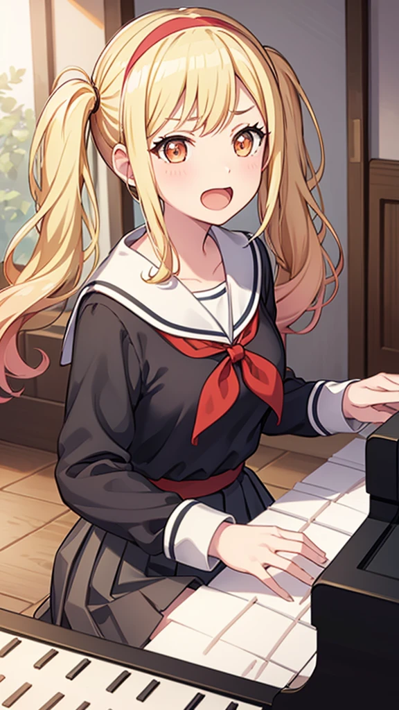 masterpiece, best quality, highres, 1girl, solo, ichigaya arisa, twintails, x hair ornament, , pleated dress, pantyhose, tenmasaki, shirt, long sleeves, twintails , sidelocks, pleated skirt, hairband, serafuku, sailor collar, side ponytail, sweater, neckerchief, eyelashes, buttons, swept bangs, wavy hair, red neckerchief,  grey skirt, white sailor collar, orange bow, happy, open mouth, cowbow shot, piano, sit, playing piano, piano room