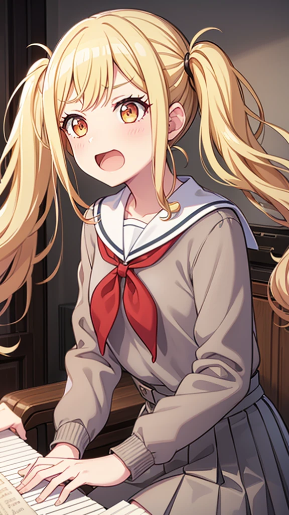 masterpiece, best quality, highres, 1girl, solo, ichigaya arisa, twintails, x hair ornament, , pleated dress, pantyhose, tenmasaki, shirt, long sleeves, twintails , sidelocks, pleated skirt, hairband, serafuku, sailor collar, side ponytail, sweater, neckerchief, eyelashes, buttons, swept bangs, wavy hair, red neckerchief,  grey skirt, white sailor collar, orange bow, happy, open mouth, cowbow shot, piano, sit, playing piano, piano room