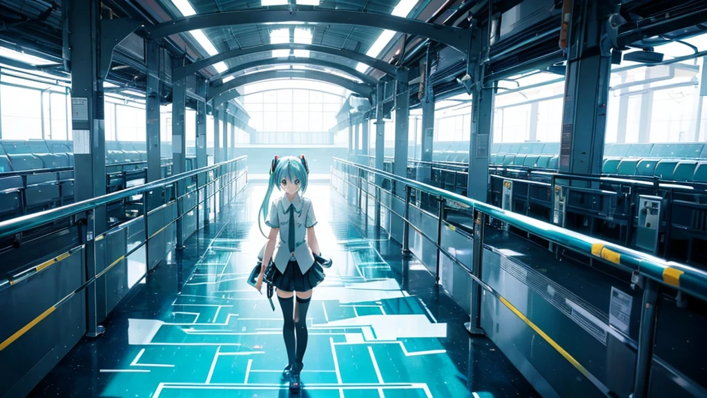 An image depicting Hatsune Miku traveling through the labyrinth of doubt。She&#39;s fighting the shadows、Moving towards hope for the future。With a thunderous bass line in the background、There is a bright light that represents hope.、It expresses a powerful figure that paves the way to the future.。