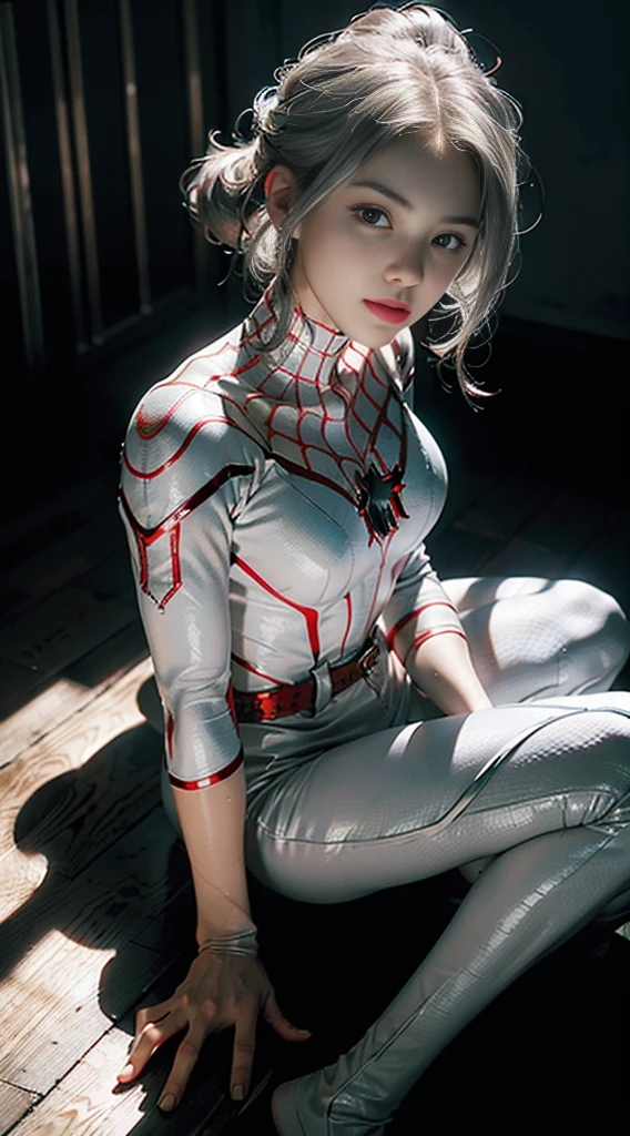 (Extreme Detail CG Unity 8K wallpaper, masterpiece, highest quality), (Exquisite lighting and shadow, highly dramatic picture, Cinematic lens effect), a girl in a white Spider-Man costume, silver gray hair color, from the Spider-Man parallel universe, Marvel, sitting on the couch, dynamic pose), (excellent detail, excellent lighting, wide angle), (excellent rendering, enough to stand out in its class), focus on white Spider-Man costumes, complex spider textures harley quinn