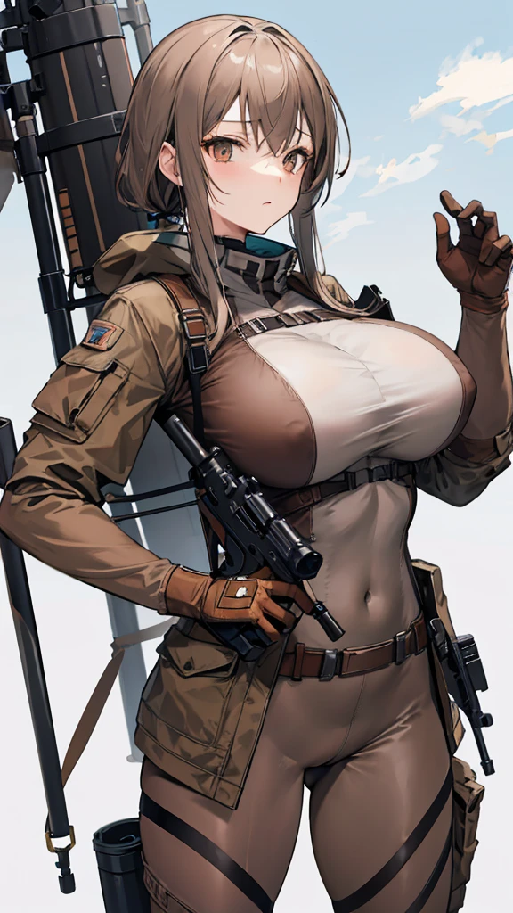 brown and gray sniper girl wearing brown militray suit，Huge Breasts，ruins