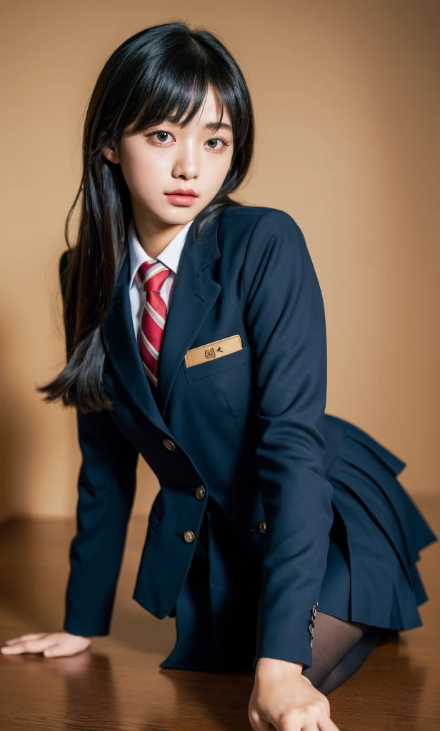 ulzzang-6500-v1.1, (raw photo:1.2),Long Hair、Long black hair、 (photorealistic:1.4), beautiful detailed girl, very detailed eyes and face, beautiful detailed eyes, ridiculous, incredibly ridiculous, huge file size, super detailed, high resolution, very detailed, best quality, masterpiece, kemomimi, ((Japanese girls' high school uniform)), illustration, very detailed, CG, unified, 8k wallpaper, amazing, Fine details, masterpiece, best quality, very detailed CG uniform 8k wallpaper, light on face, cinematic lighting, 1girl, 16 years old, (()), ((dynamic pose))), (camel toe), (half), (pantyhose), (knee-bending leg sitting))