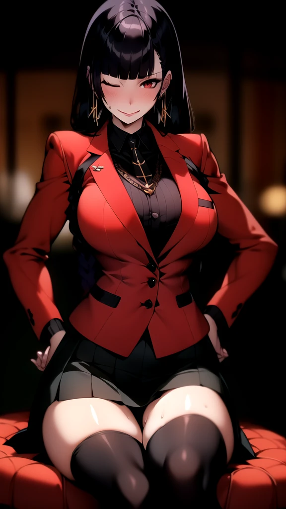 extremely detailed, detailed hair, soft lighting, volumetric lighting, intricate details, finely detailed, mature female, 1girl, solo, looking at viewer, hands on hips , sitting , huge breasts, BREAK long socks, sweater, skirt, (bangs,messy hair,alternate hairstyle , french braid , purple hair ),, bar earrings ,blush ,choker , smug , (dark skin) , sweat, one eye closed, with a sunrise in the background, group of insects in the foreground,