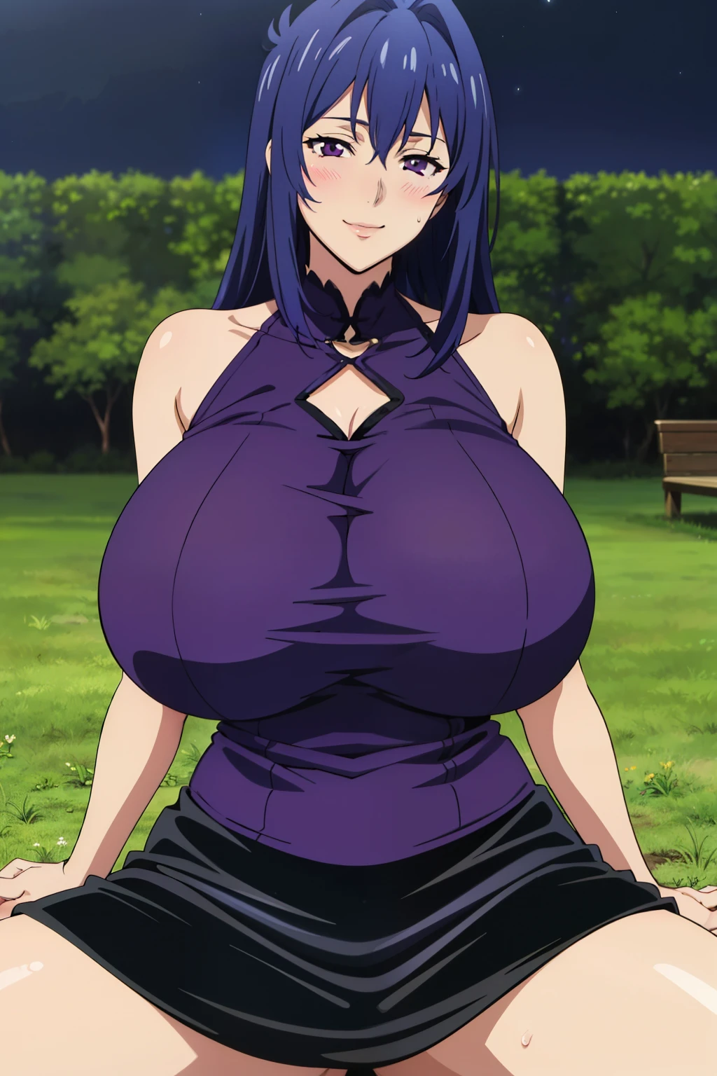 (sitting on grass), purple dress, black skirt, night garden, Nijou Aki, 27 yo, mature women, anime cels style, best quality, high resolution, (gigantic breasts:1.3), cowboy shot, blush, smiling, (purple eyes), blue hair, semi rimless eyewear