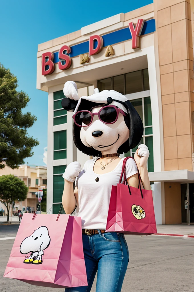 Snoopy con bolsas de compras, dinero y lentes de sol con fondo rosa degradado 