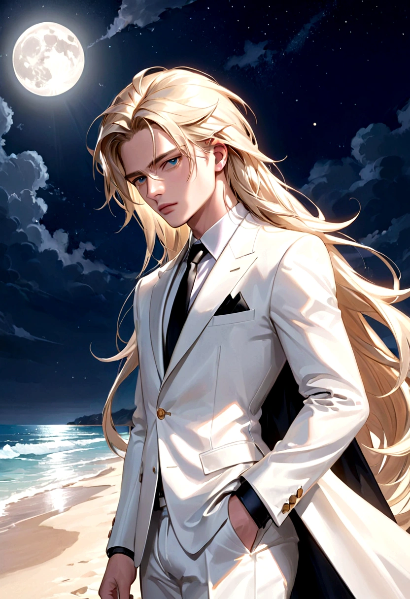 masterpiece, best quality, (Solitary focus), (Perfect face:1.1), (High Detail:1.1), (Extremely detailed eyes), dramatic, 1 person, (Pale skin), 金色的Long hair, ethereal eyes, (Light eyebrows), Solitary, Long hair, Jordan Barrett, moon, night, White luxury suit, The covered nave, Pursed lips, fur, Proud expression, beach, Detailed background, artgerm art, light, Rose, Fashion, Balenciaga style