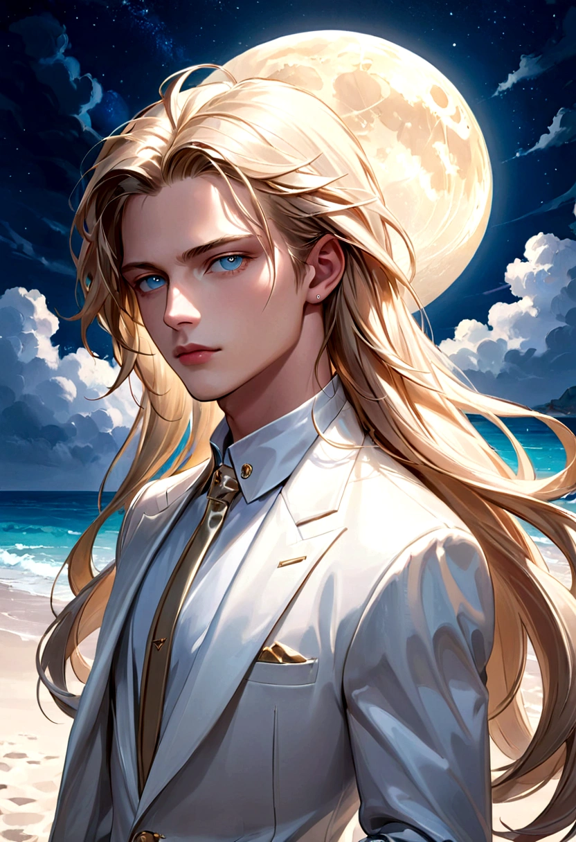 masterpiece, best quality, (Solitary focus), (Perfect face:1.1), (High Detail:1.1), (Extremely detailed eyes), dramatic, 1 person, (Pale skin), 金色的Long hair, ethereal eyes, (Light eyebrows), Solitary, Long hair, Jordan Barrett, moon, night, White luxury suit, The covered nave, Pursed lips, fur, Proud expression, beach, Detailed background, artgerm art, light, Rose, Fashion, Balenciaga style
