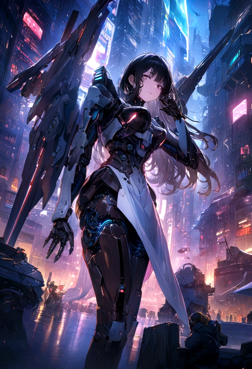 best quality ,masterpiece, illustration, Extremely delicate and beautiful, Extremely detailed ,CG ,Unite ,8k wallpaper, Astonishing, Fine details, masterpiece,best quality,Official Art,Extremely detailed CG Unite 8k wallpaper,absurd, incredibly absurd, Extremely detailed, high resolution, Extremely detailed,Beautiful and delicate girl,There is light on the face, 1 girl, Mecha, armor, Mechanical_Body, Black Hair, spaceship, City, Cyberpunk, Star_Sky,
