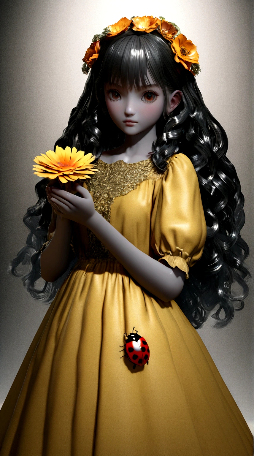 black skin, black curly hair, Dark brown eyes, Yellow dress with flowers, Holding a ladybug in hand, Silver background, 8K, 3D.