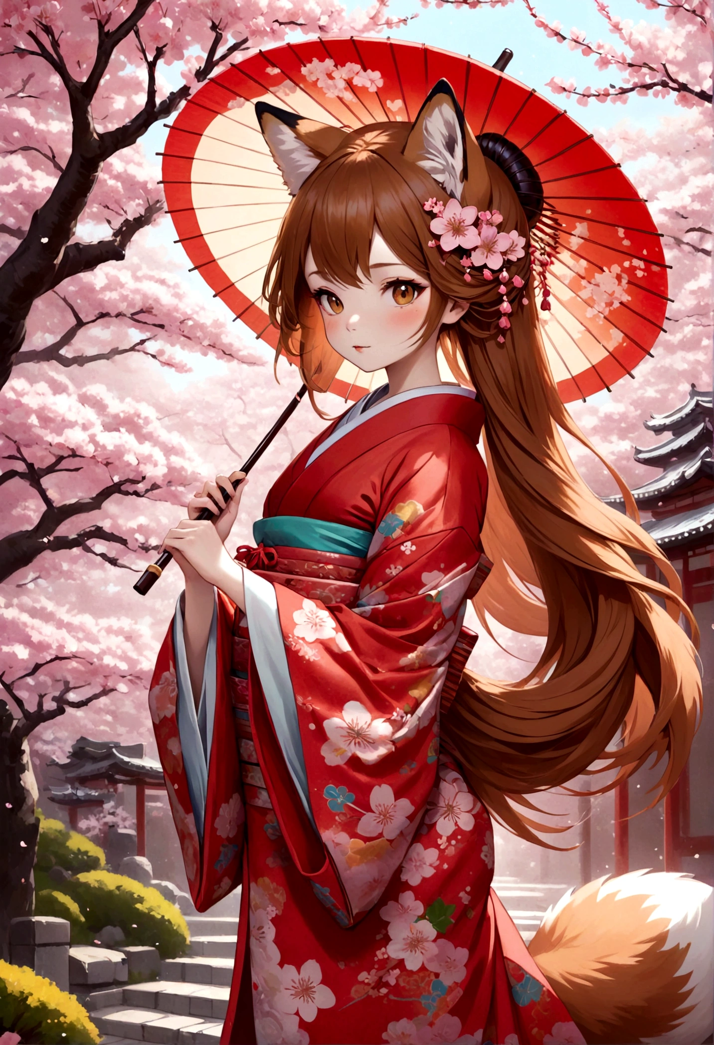 Illustration of a fox girl wearing traditional Japanese kimono, With detailed floral patterns and bright colors. She is long, The flowing hair is dotted with delicate cherry blossoms, She held a decorative paper parasol, Standing elegantly against the backdrop of a tranquil cherry blossom garden