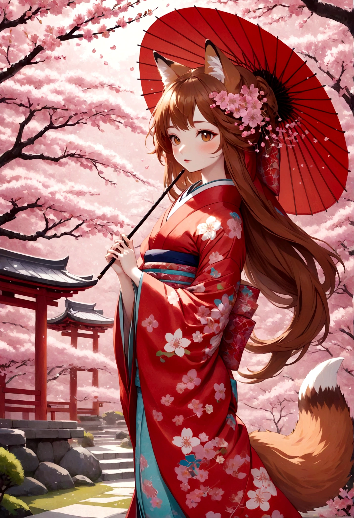 Illustration of a fox girl wearing traditional Japanese kimono, With detailed floral patterns and bright colors. She is long, The flowing hair is dotted with delicate cherry blossoms, She held a decorative paper parasol, Standing elegantly against the backdrop of a tranquil cherry blossom garden
