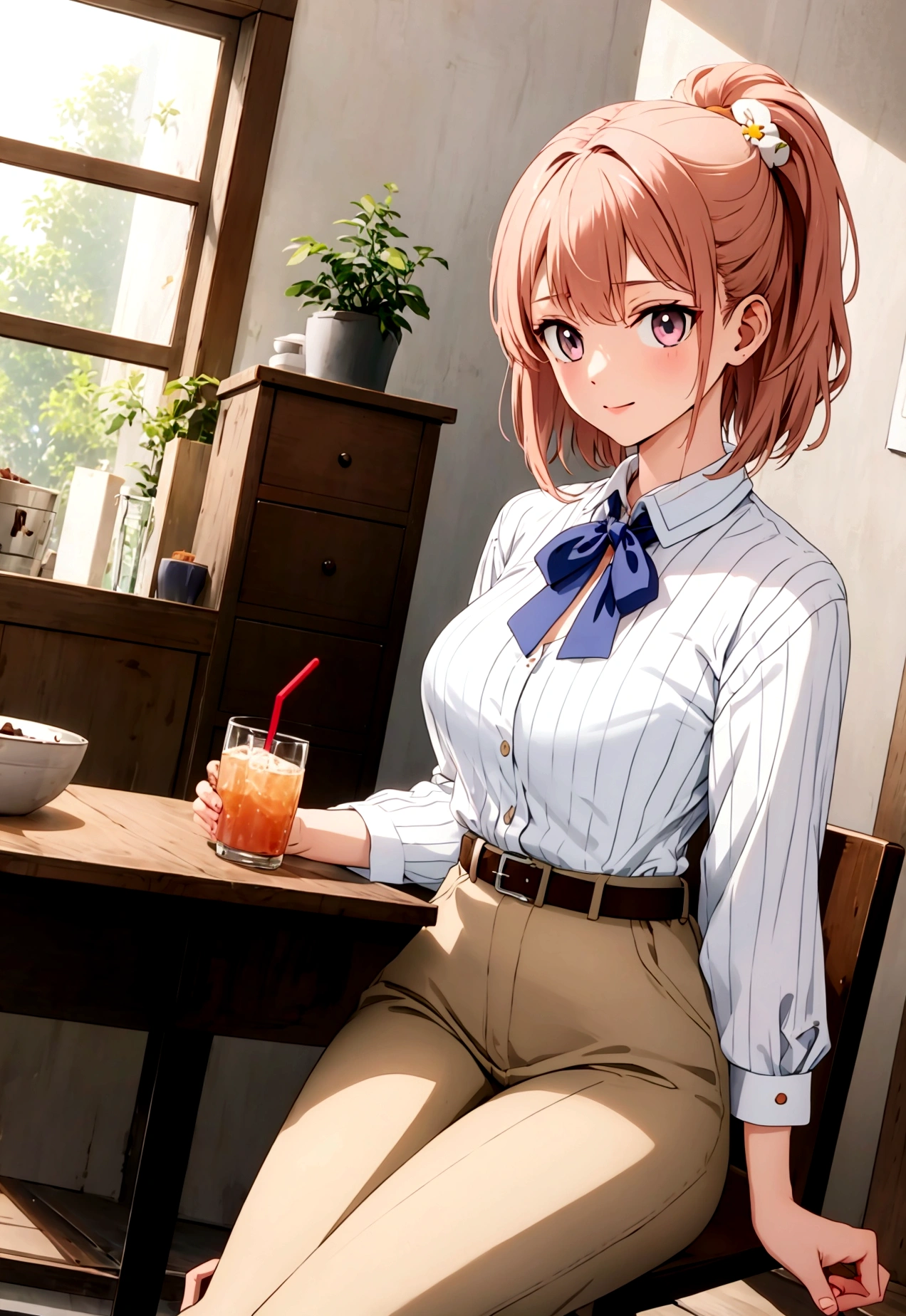 kawaii,cute,
1 girl, solo,
peach hair, ducktail, bangs, hair ornament,
chocolate eyes,
drink,
dutch angle,
excited,
Striped shirt dress with belt,
large breasts,
BREAK
simple background