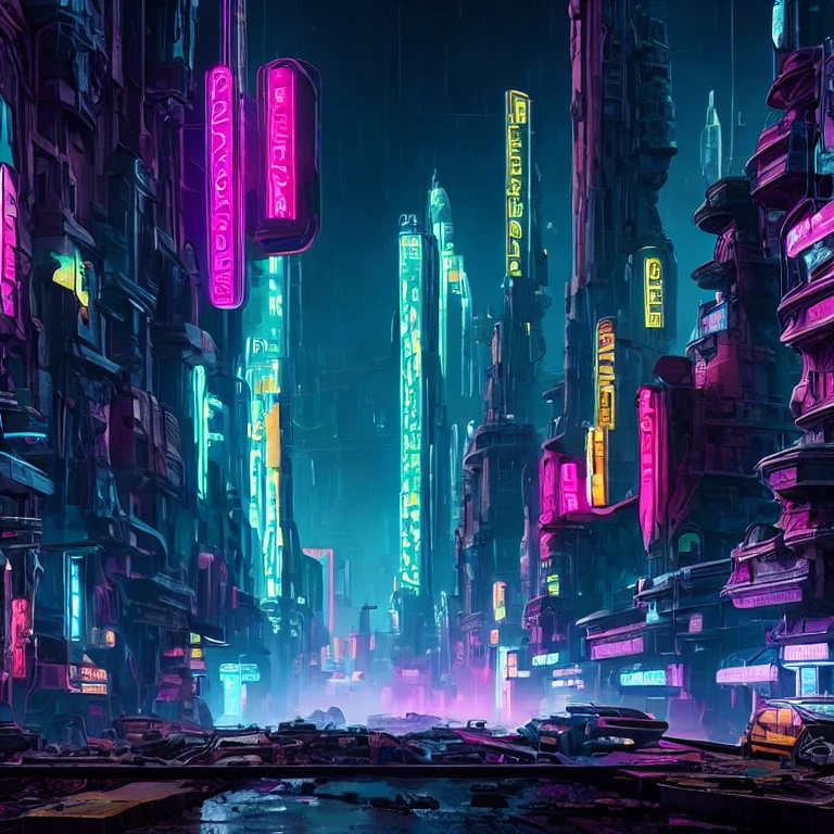 (masterpiece, best quality:1.2), Near-future cities, scenes from science fiction movies, acid rain, neon signs, buildings, Abandoned city, big city